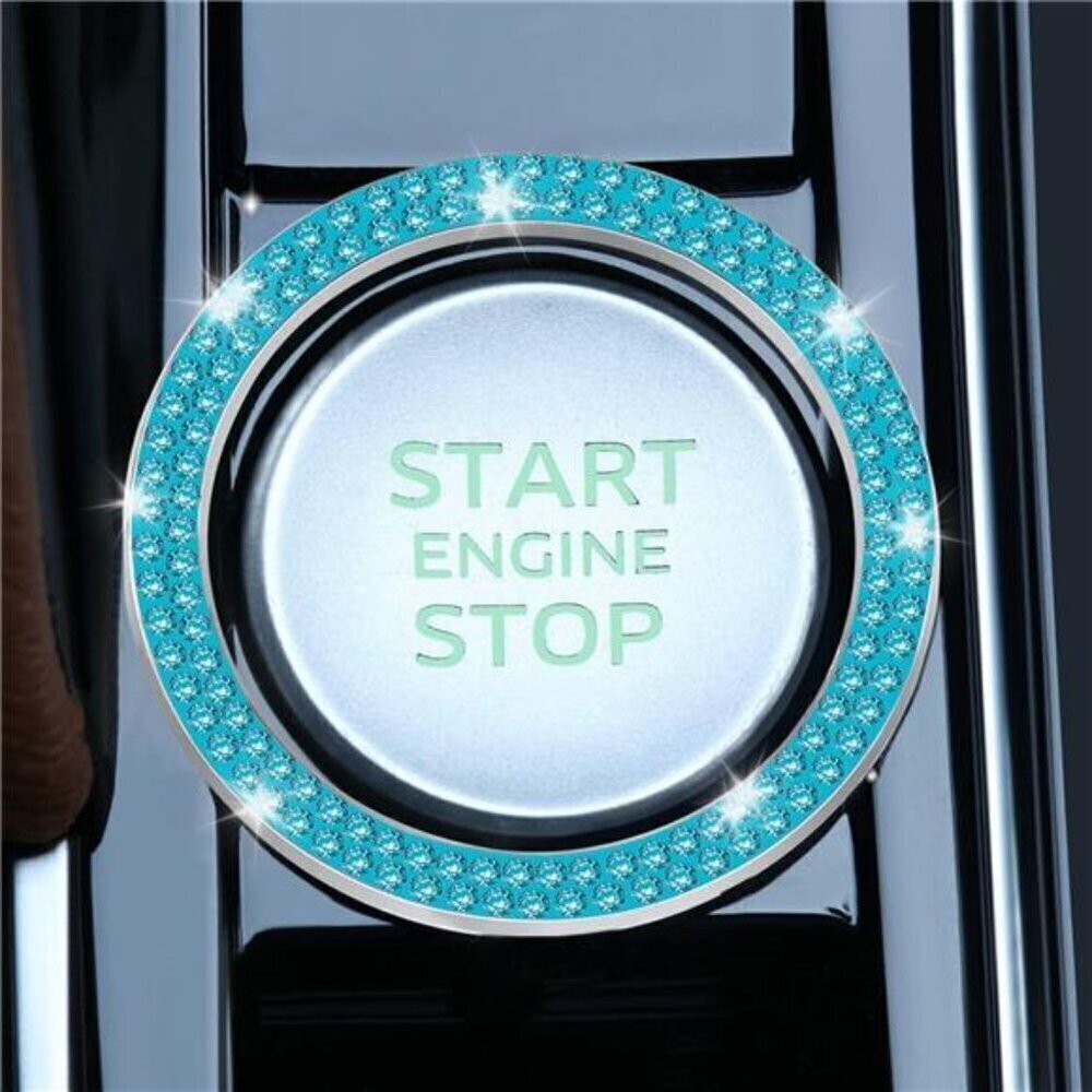Car Start Button Bling Rhinestone Diamond Engine Button Ring 2-Pack Double Cyan - Picture 2 of 7